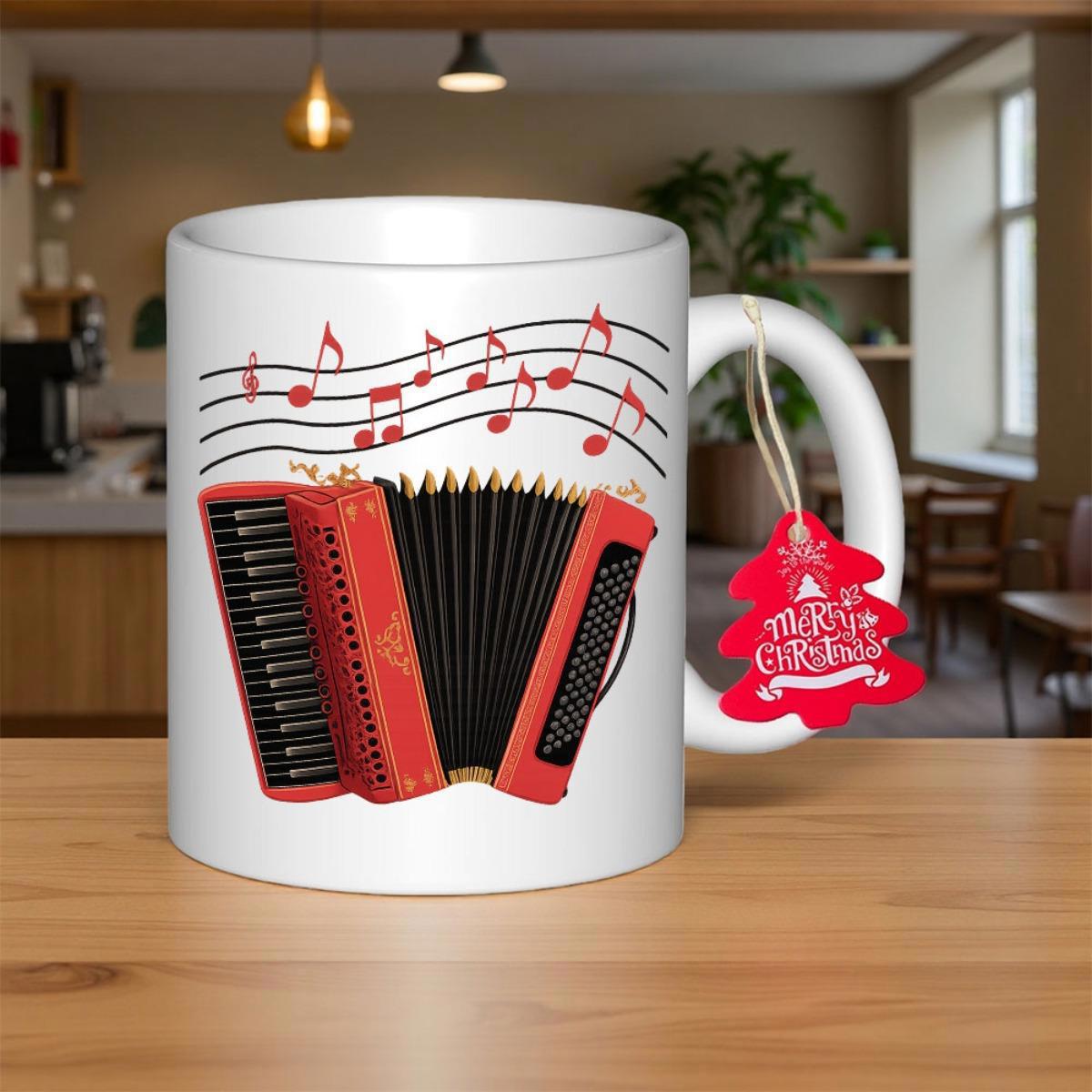 Tailorly White Ceramic 11 oz Mug - Merry Christmas Vibrant Red Musical Instrument With Floating Notes Among Artistic Wavy Lines Accordion