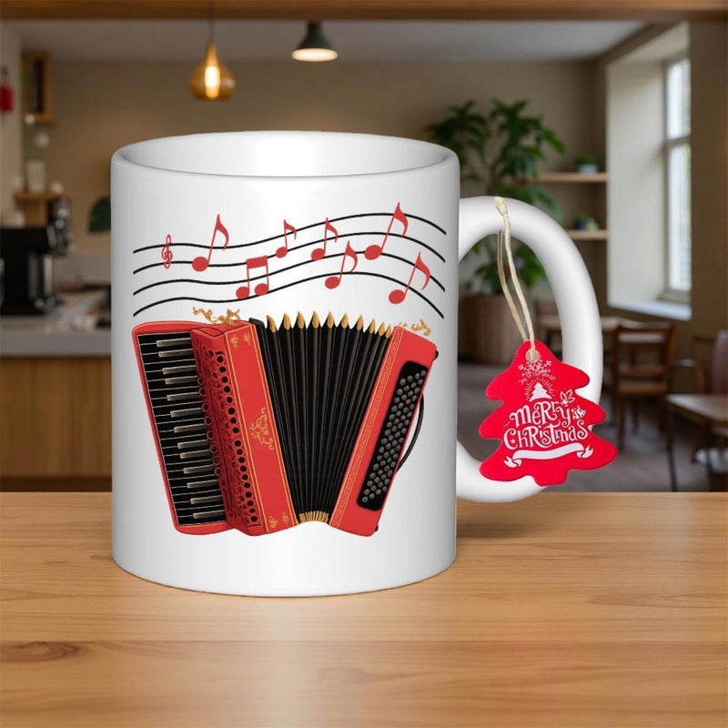 Tailorly White Ceramic 11 oz Mug - Merry Christmas Vibrant Red Musical Instrument With Floating Notes Among Artistic Wavy Lines Accordion