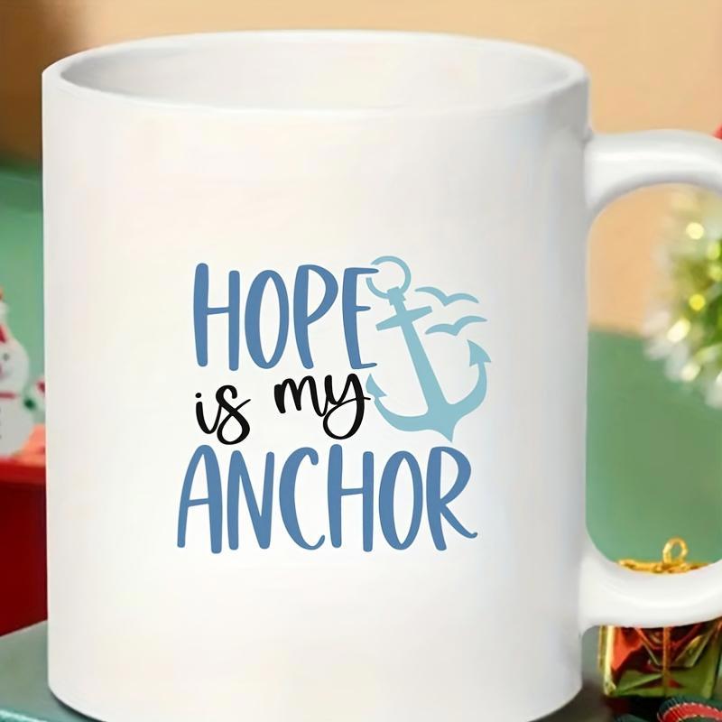 Tailorly White Ceramic 11 oz Mug - Hope Is My Anchor Nautical Themed Silhouette With Flying Birds And Blue Anchor