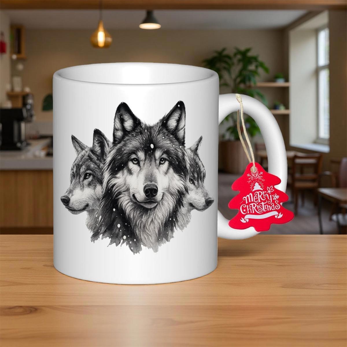 Tailorly White Ceramic 11 oz Mug - Merry Christmas Three Detailed Monochrome Wild Spirit Wolves In A Powerful Artistic Sketch Wolf