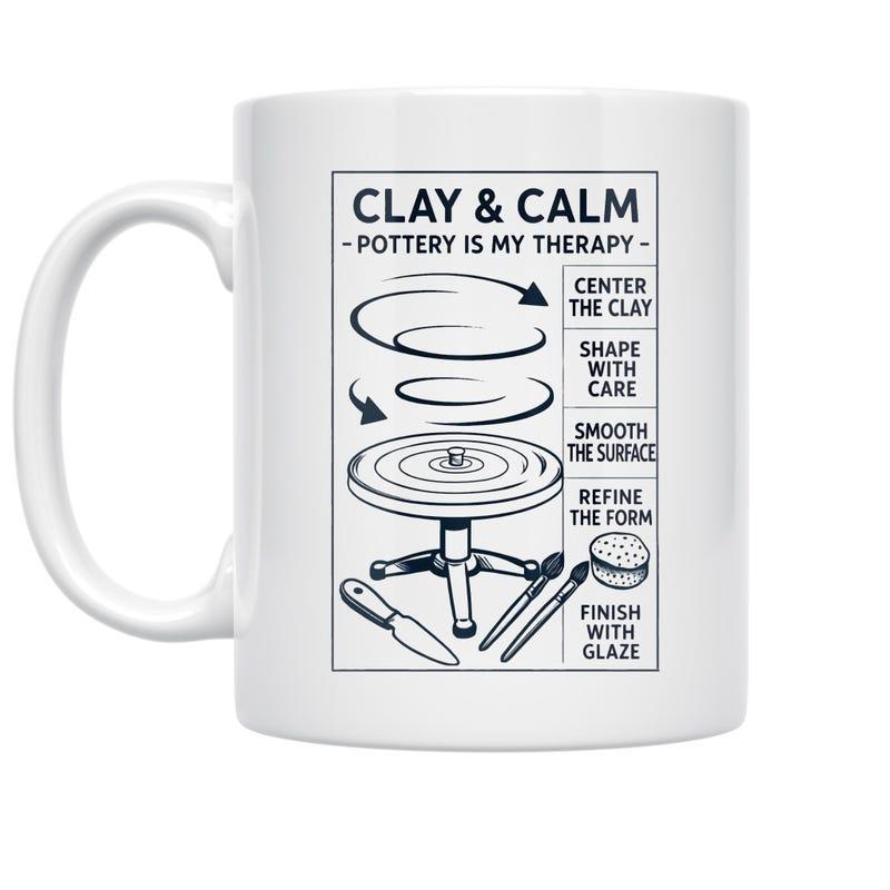 Tailorly White Ceramic 11 oz Mug - Clay Calm Pottery Therapy Handcrafted Minimalist Line Art Design Of Traditional Spinning Ceramic Potter Wheel