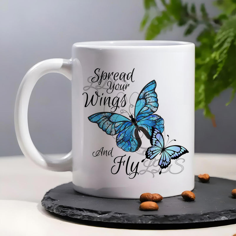 Tailorly White Ceramic 11 oz Mug - Spread Your Wings And Fly Elegant Blue Butterflies With Detailed Wings Fluttering Among Decorative Script Butterfly