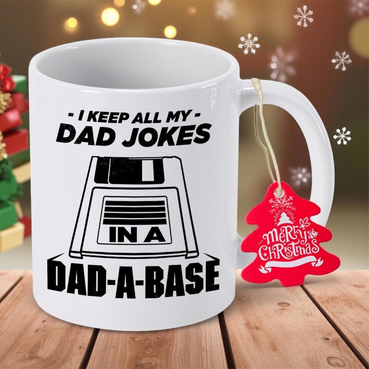 Tailorly White Ceramic 11 oz Mug - I Keep All My Dad Jokes In A Dad A Base Simple Black Vintage Electronic Retro Computer Storage Device Disk
