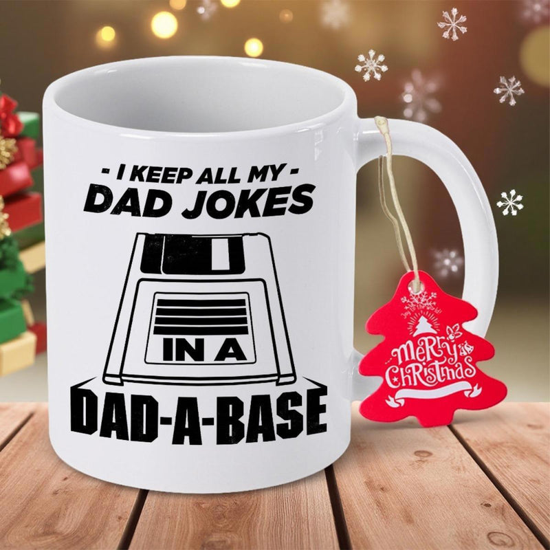 Tailorly White Ceramic 11 oz Mug - I Keep All My Dad Jokes In A Dad A Base Simple Black Vintage Electronic Retro Computer Storage Device Disk