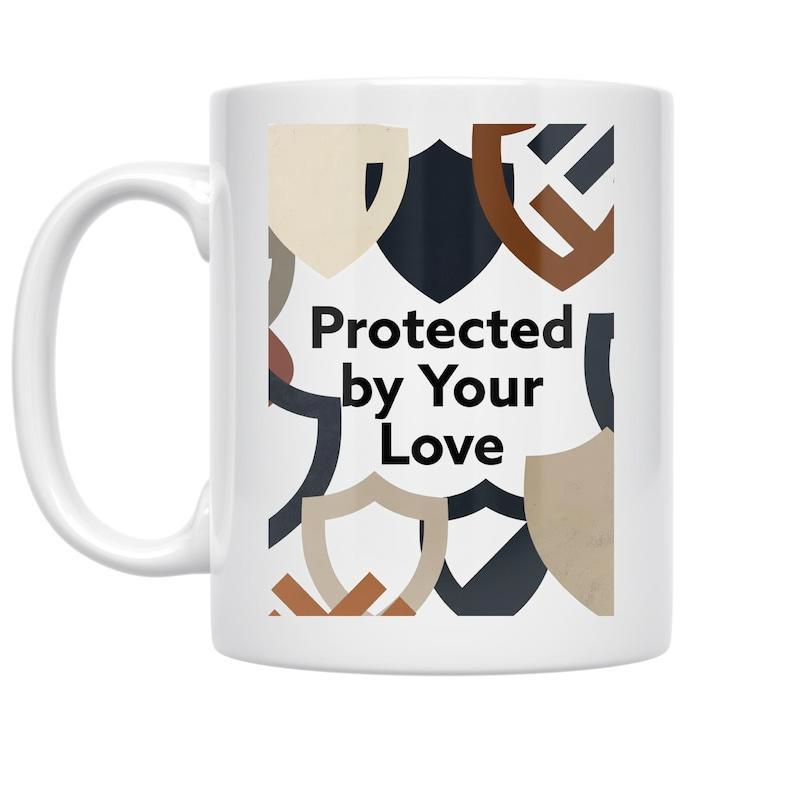 Tailorly White Ceramic 11 oz Mug - Protected By Your Love Overlapping Minimalist Geometric Symbols Arranged In Neutral Tones Of Earthy Colors Shield