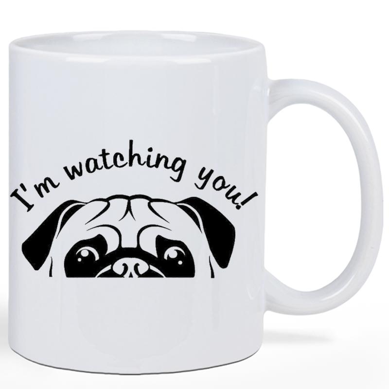 Tailorly White Ceramic 11 oz Mug - I'm Watching You Minimalist Peeking Puppy Face With Expressive Eyes And Wrinkled Forehead Pug