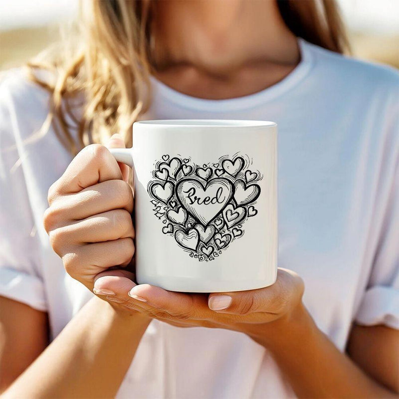 Tailorly White Ceramic 11 oz Mug - Prod Delicate Hand Drawn Hearts Clustered Into A Large Artistic Heart
