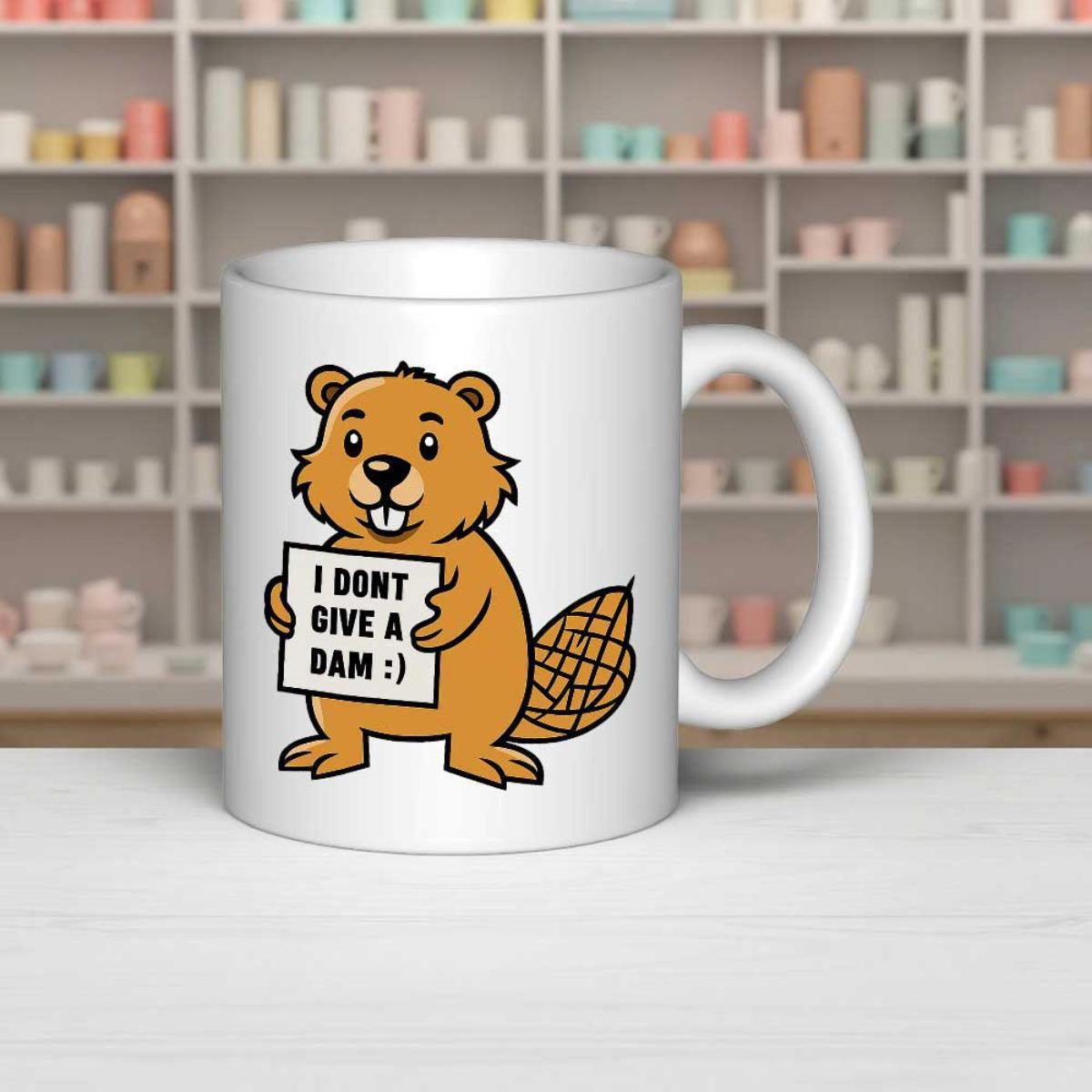 Tailorly White Ceramic 11 oz Mug - I Dont Give A Dam Playful Brown Animal Standing With Friendly Smile And Large Tail Beaver