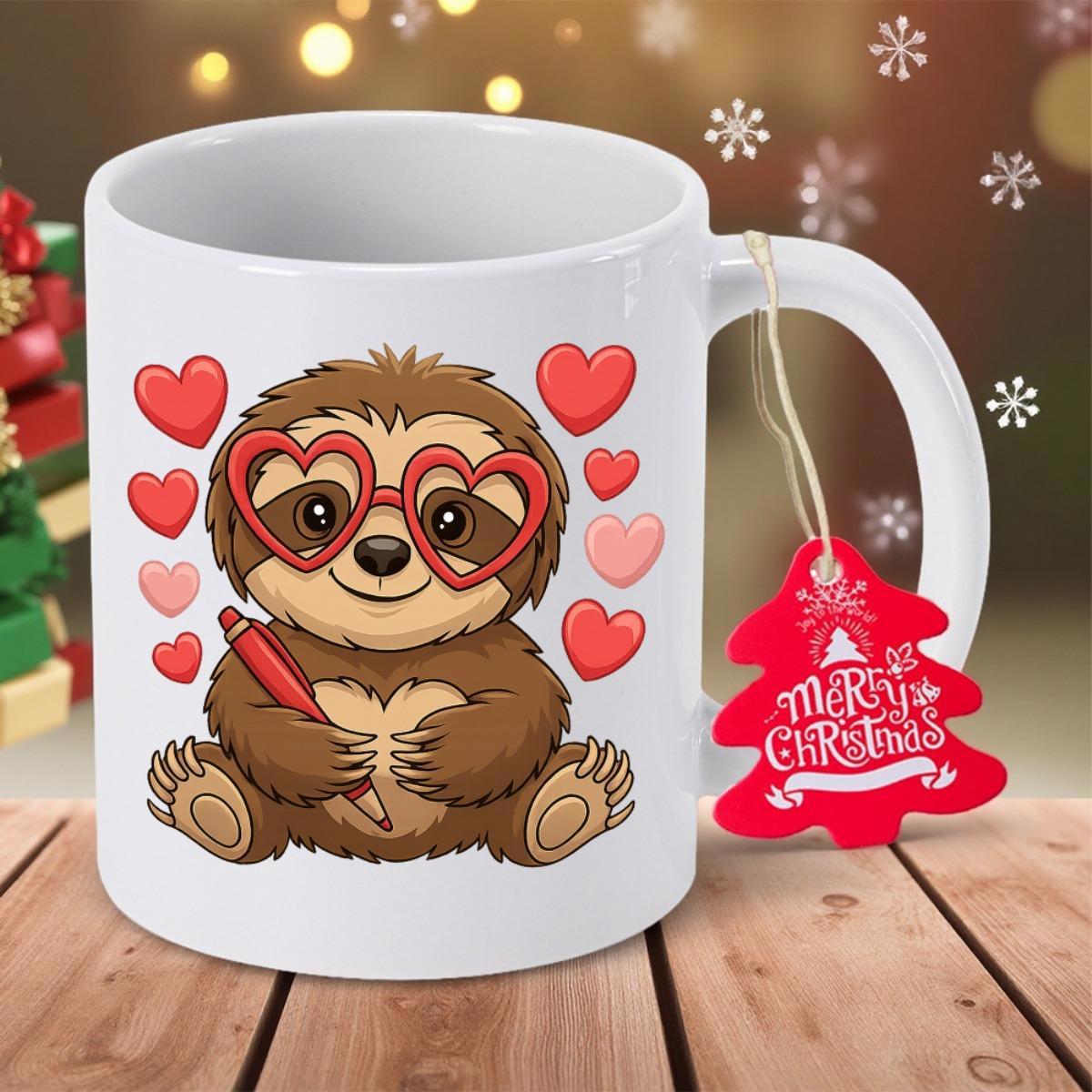 Tailorly White Ceramic 11 oz Mug - Merry Christmas Adorable Wearing Heart Glasses Surrounded By Red And Pink Floating Hearts Sloth