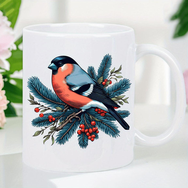 Tailorly White Ceramic 11 oz Mug - Colorful Bullfinch Perched On Pine Branches With Small Red Winter Berries Bird