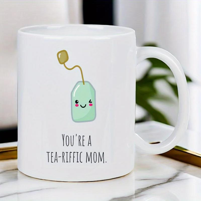 Tailorly White Ceramic 11 oz Mug - Youre A Tea Riffic Mom Adorable Smiling Cartoon Tea Bag With Small Tag And String Teabag