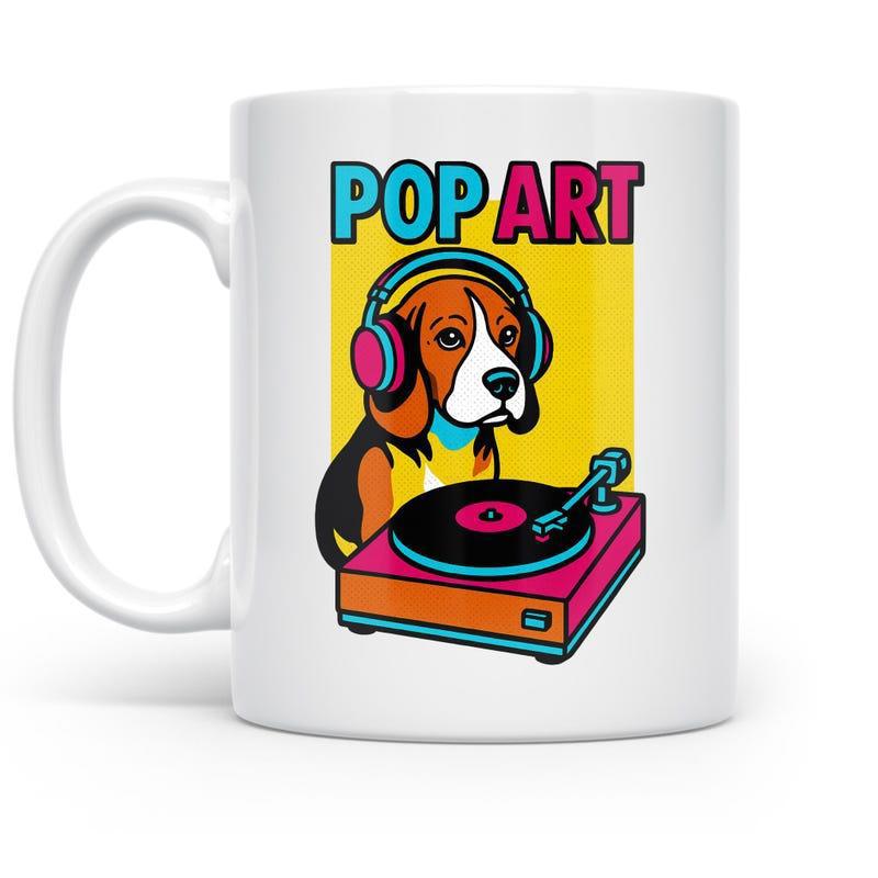 Tailorly White Ceramic 11 oz Mug - Pop Art Vibrant Retro Style Beagle Wearing Headphones Playing A Turntable Beagle