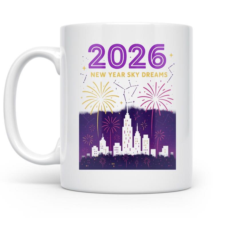 Tailorly White Ceramic 11 oz Mug - 2026 New Year Sky Dreams Festive Fireworks Exploding Over A Glowing Purple City Skyline