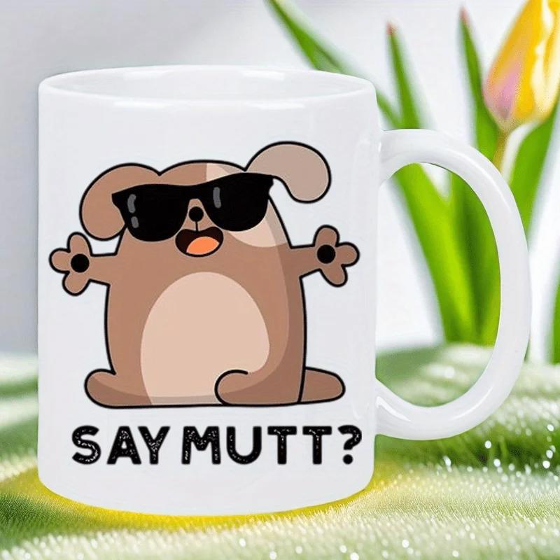 Tailorly White Ceramic 11 oz Mug - Say Mutt Cool Brown Cartoon Puppy Wearing Dark Sunglasses Relaxing In Playful Pose Dog
