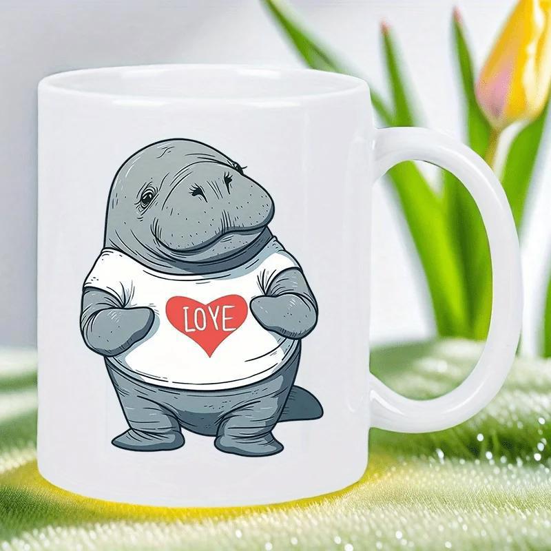 Tailorly White Ceramic 11 oz Mug - Love Adorable Cartoon Manatee Wearing White Shirt With Red Heart Manatee