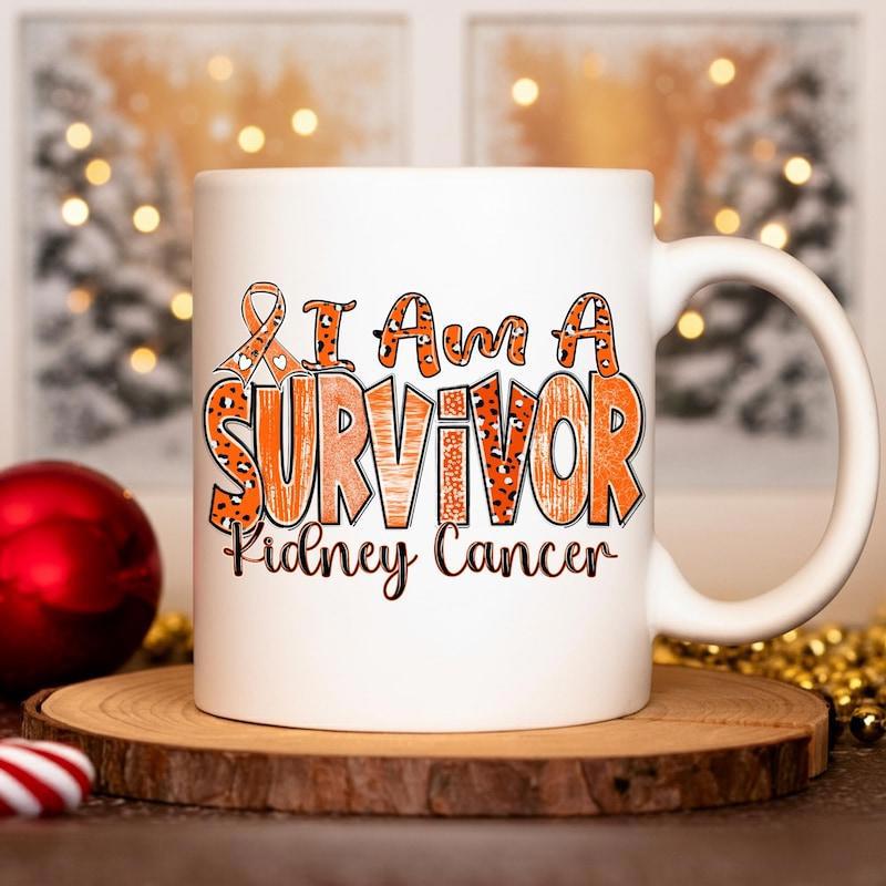 Tailorly White Ceramic 11 oz Mug - I Am A Survivor Kidney Cancer Orange Awareness Ribbon With Leopard Print Styled Letters On
