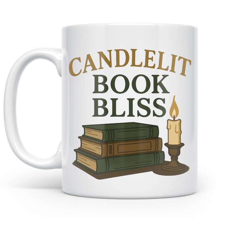 Tailorly White Ceramic 11 oz Mug - Candlelit Book Bliss Cozy Stacked Books Featuring A Glowing Vintage Candle Design