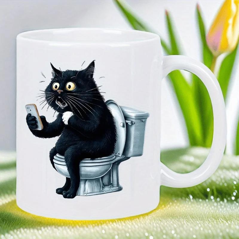 Tailorly White Ceramic 11 oz Mug - Funny Surprised Black Sitting On White Toilet Holding Grey Smartphone Cat