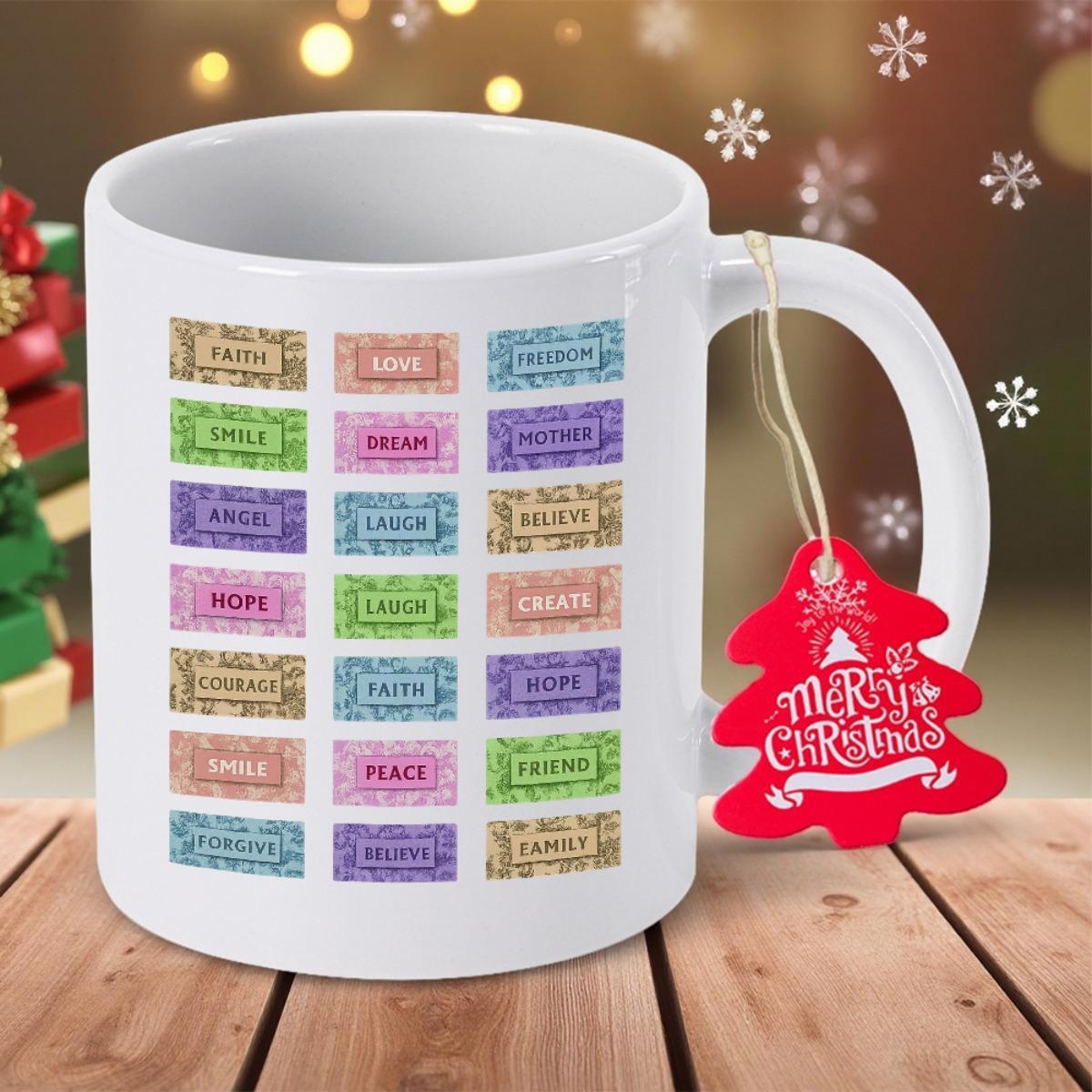 Tailorly White Ceramic 11 oz Mug - Faith Love Hope Inspiring Words On Colorful Rectangular Labels Arranged In A Grid Design Mug