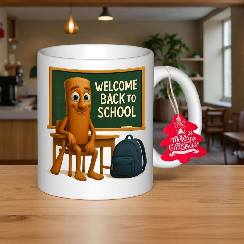 Tailorly White Ceramic 11 oz Mug - Welcome Back To School Friendly Animated Character Sitting By A Desk With A Backpack And Chalkboard Character