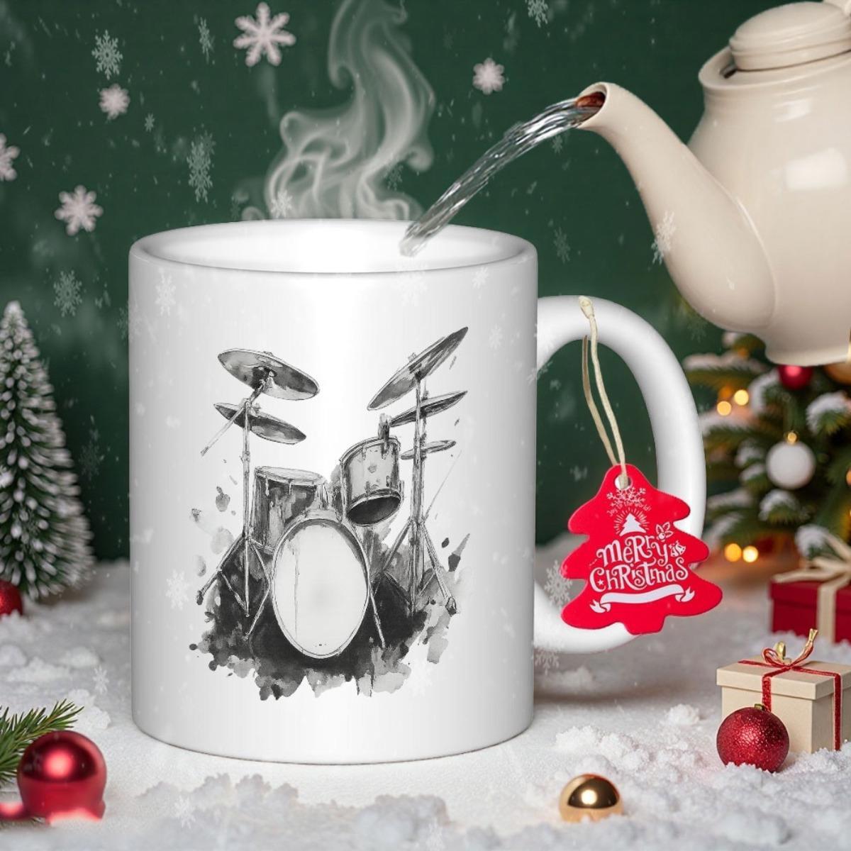 Tailorly White Ceramic 11 oz Mug - Artistic Ink Wash Style Illustration Depicting A Dynamic Musical Percussion Drum Kit