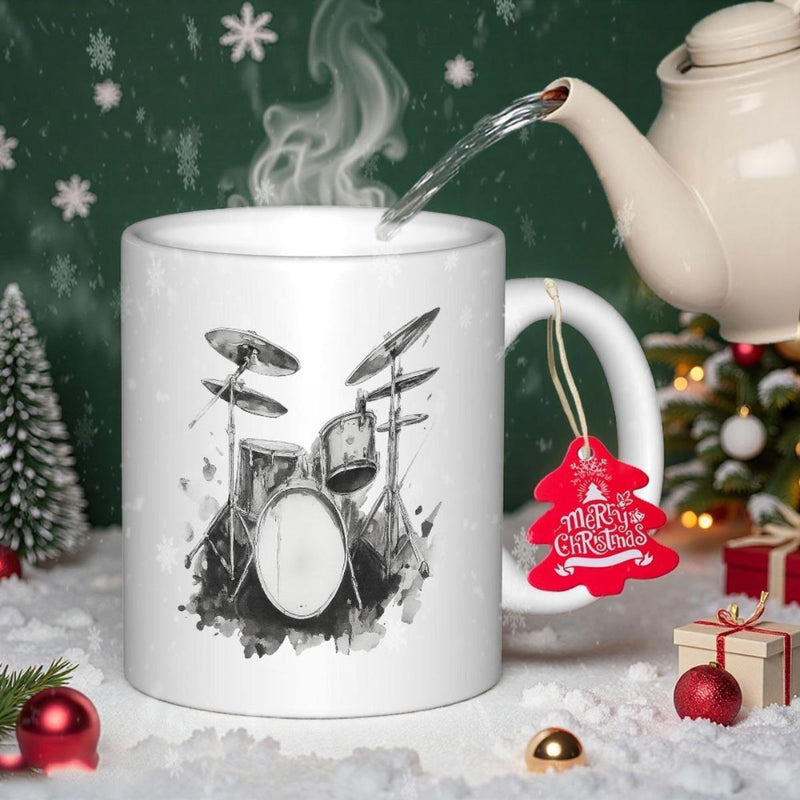 Tailorly White Ceramic 11 oz Mug - Artistic Ink Wash Style Illustration Depicting A Dynamic Musical Percussion Drum Kit