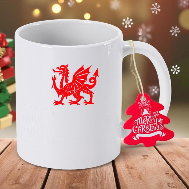 Tailorly White Ceramic 11 oz Mug - Merry Christmas Vibrant Red Heraldic Creature With Open Wings Standing On Wooden Table Dragon
