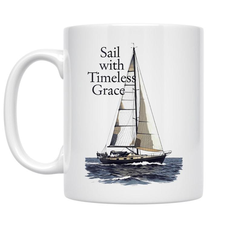 Tailorly White Ceramic 11 oz Mug - Sail With Timeless Grace Elegant Classic Vessel Gliding Across Deep Blue Shimmering Ocean Waves Sailboat