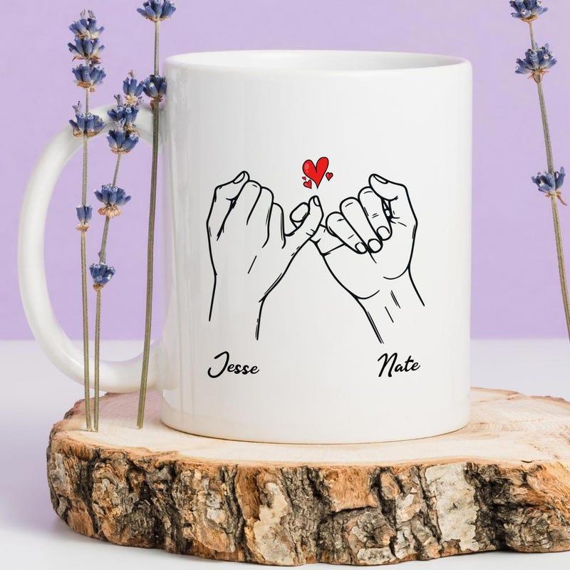 Tailorly White Ceramic 11 oz Mug - Jesse Nate Minimalist Black Line Art Hands Making Pinky Swear With Heart Mug