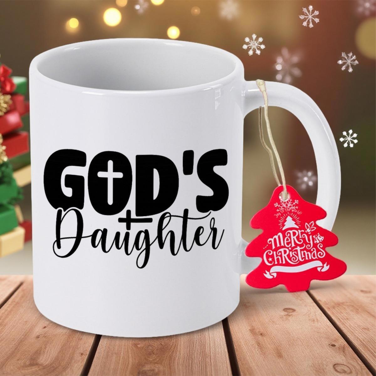 Tailorly White Ceramic 11 oz Mug - Gods Daughter Bold Script Typography With Religious Cross Symbol On Elegant Ceramic Mug