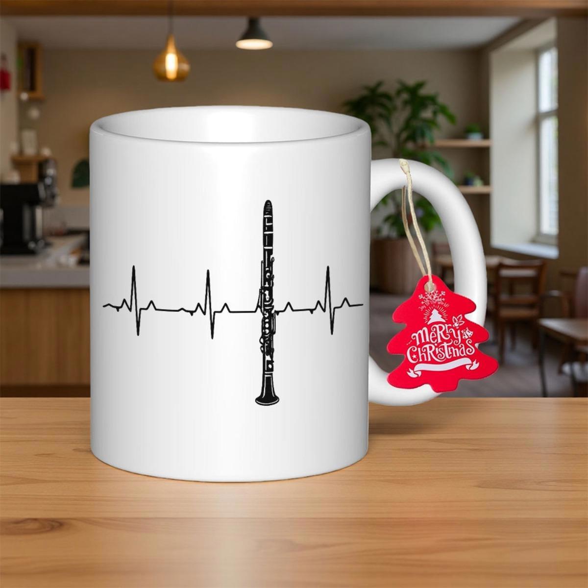 Tailorly White Ceramic 11 oz Mug - Minimalist Black Heartbeat Pulse Line Featuring A Classic Elegant Musical Clarinet