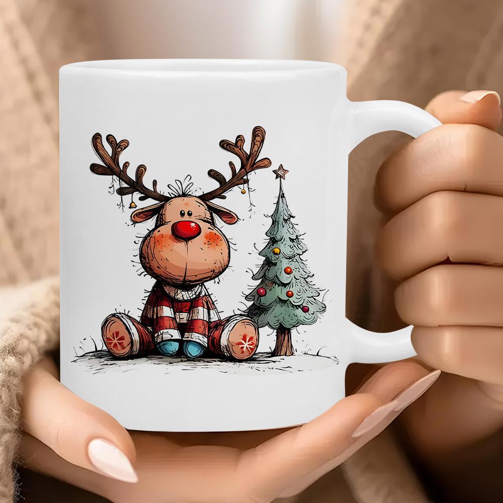 Tailorly White Ceramic 11 oz Mug - Whimsical Sitting Animal Wearing Striped Sweater Beside Decorated Holiday Pine Tree Reindeer