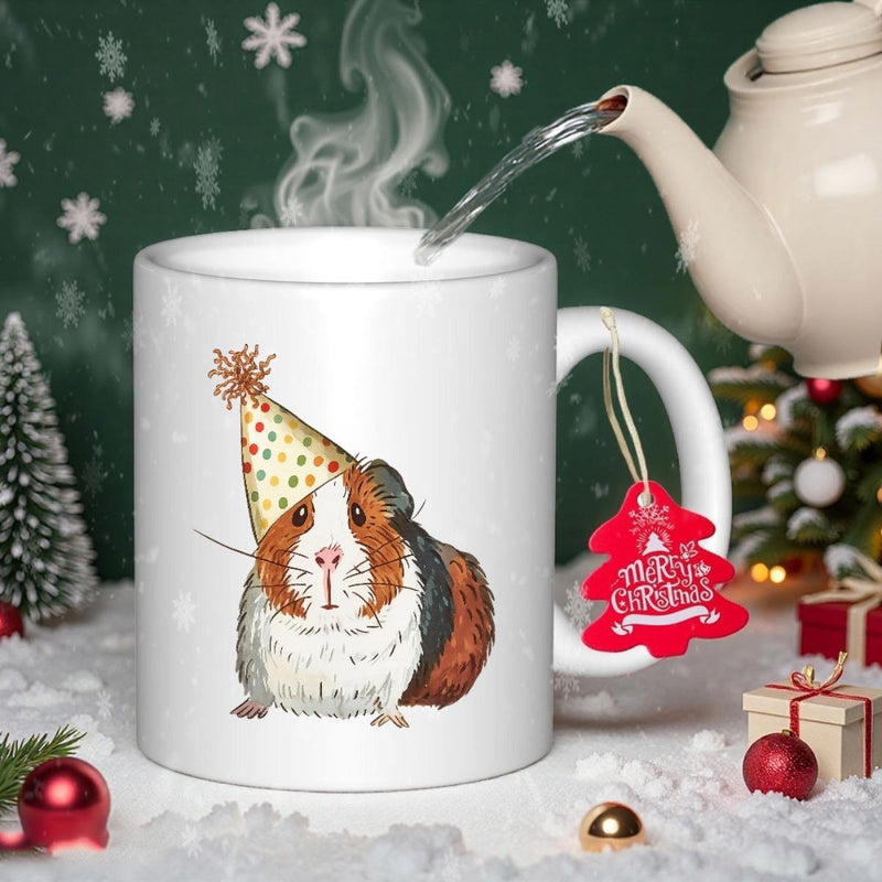 Tailorly White Ceramic 11 oz Mug - Cute Watercolor Furry Animal Wearing A Festive Polka Dot Party Hat Guinea Pig