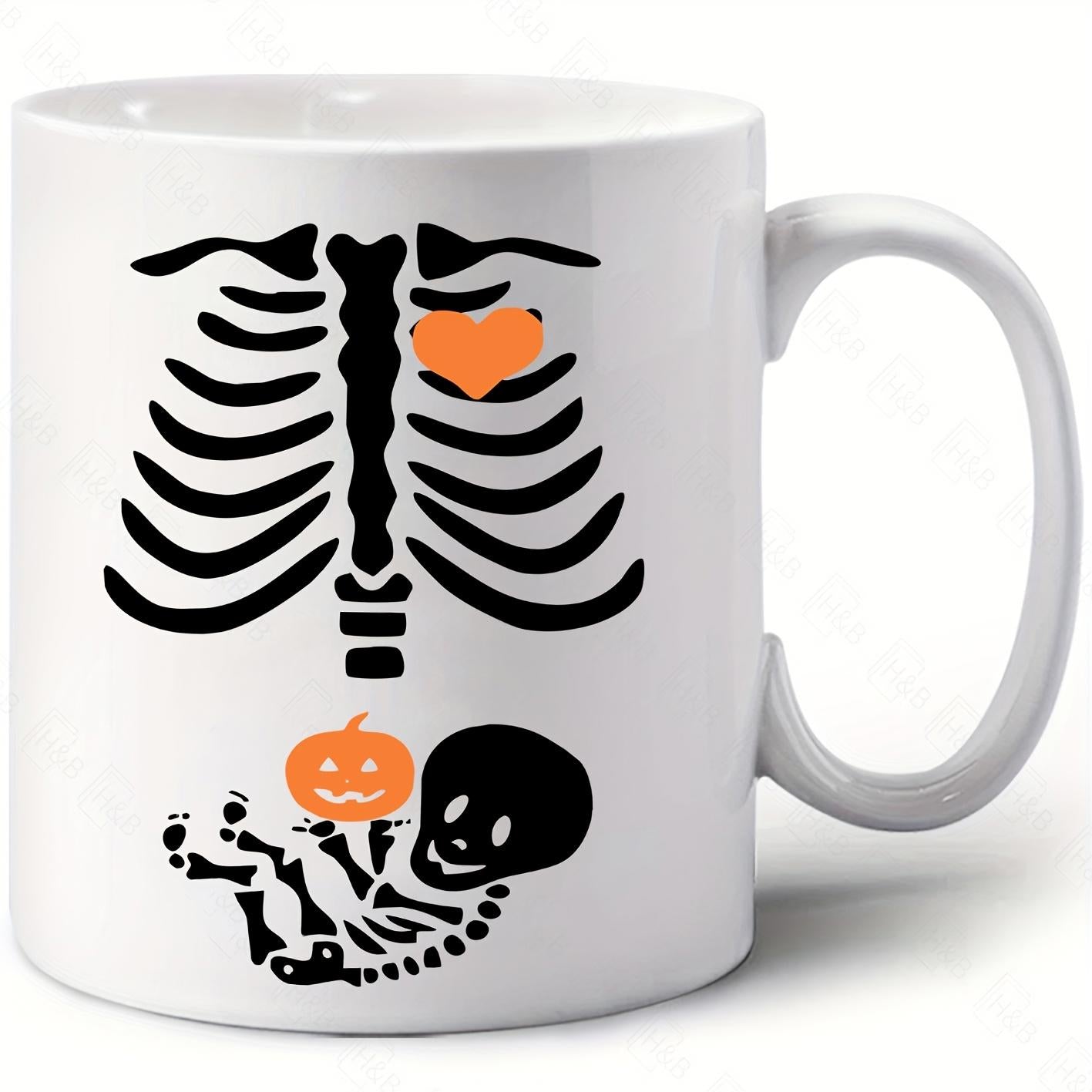 Tailorly White Ceramic 11 oz Mug - Spooky Halloween Pregnancy Announcement With Fetal Baby And Orange Heart Skeleton