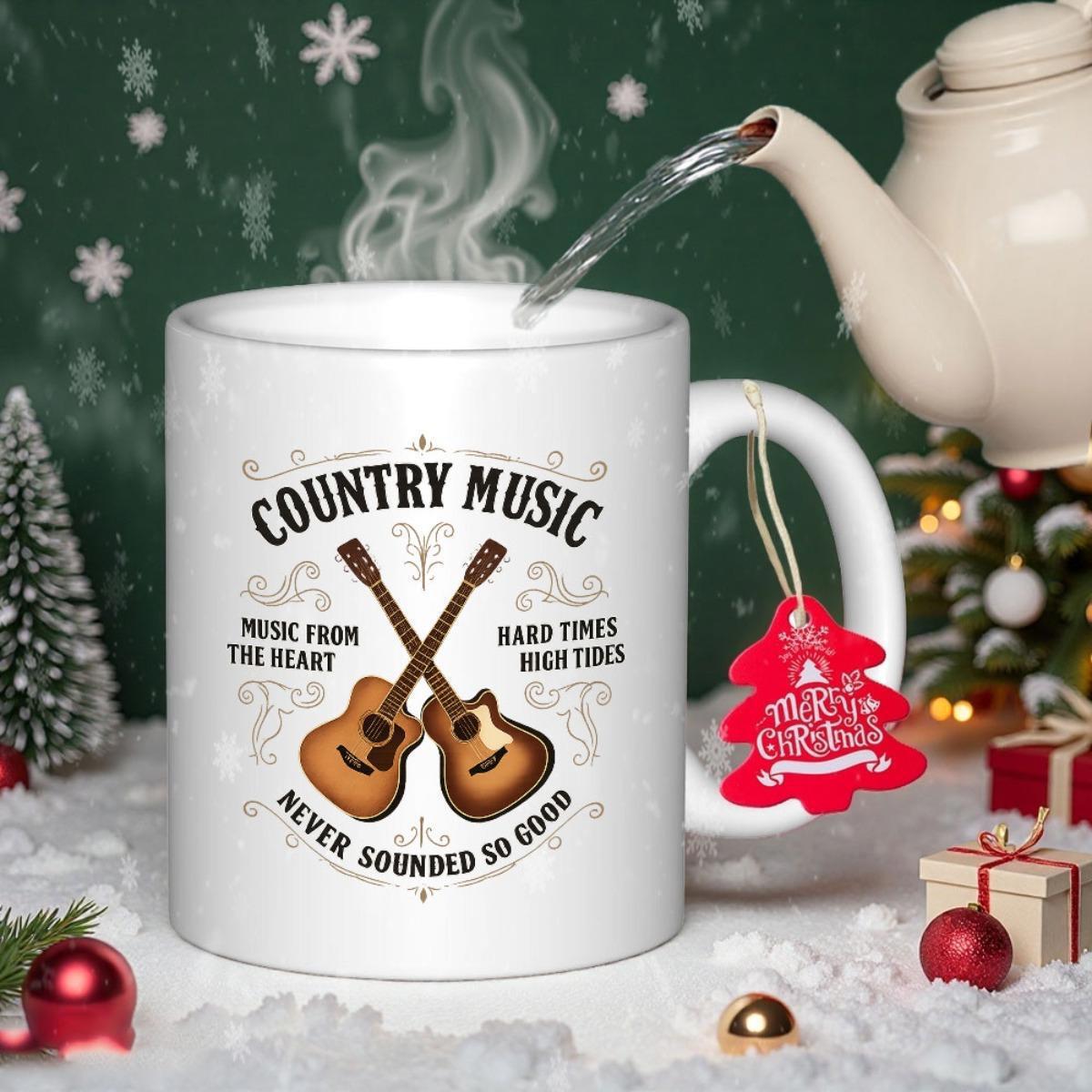 Tailorly White Ceramic 11 oz Mug - Country Music Music From The Heart Hard Times High Tides Never Sounded So Good Two Crossed Vintage Acoustic Instruments Among
