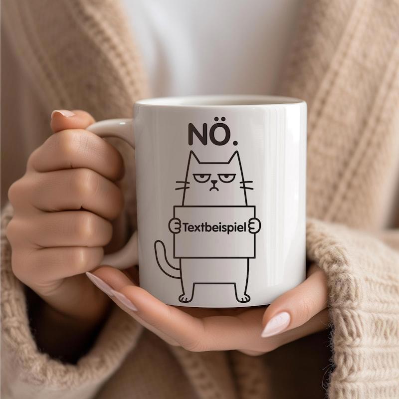 Tailorly White Ceramic 11 oz Mug - Simple Minimalist Line Art Grumpy Feline Holding A Blank Rectangular Sign Cat
