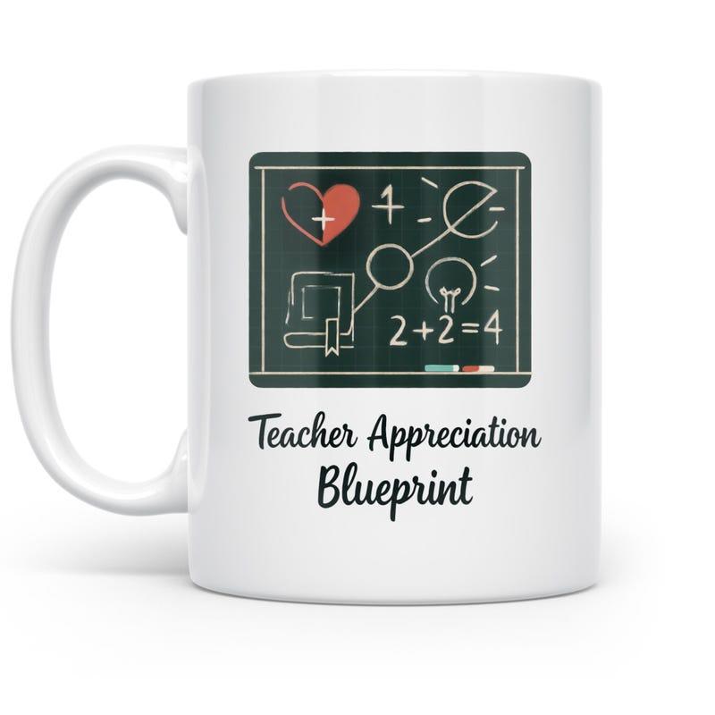 Tailorly White Ceramic 11 oz Mug - Teacher Appreciation Blueprint Educational Sketch Icons On A Small Dark Rectangular Classroom Chalkboard