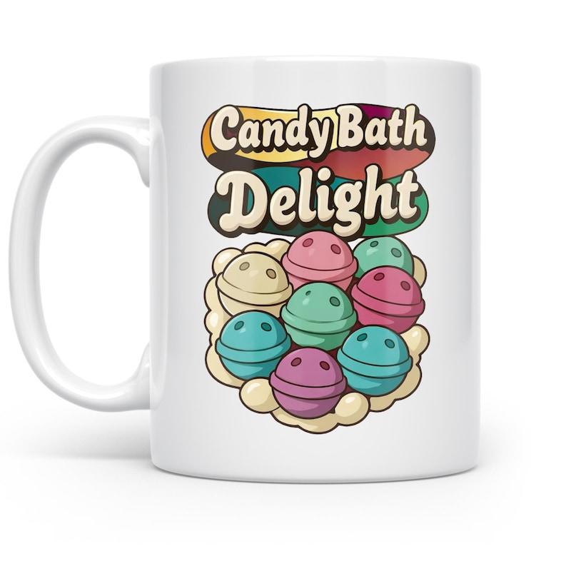 Tailorly White Ceramic 11 oz Mug - Candy Bath Delight Pastel Colored Round Spheres Floating Among Fluffy Soft Clouds Bath Bombs