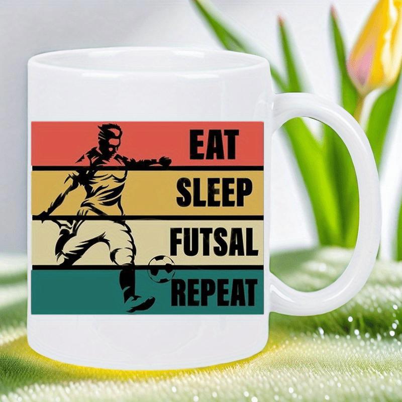 Tailorly White Ceramic 11 oz Mug - Eat Sleep Futsal Repeat Retro Vintage Sunset Stripes With Athletic Silhouette Kicking Soccer Player