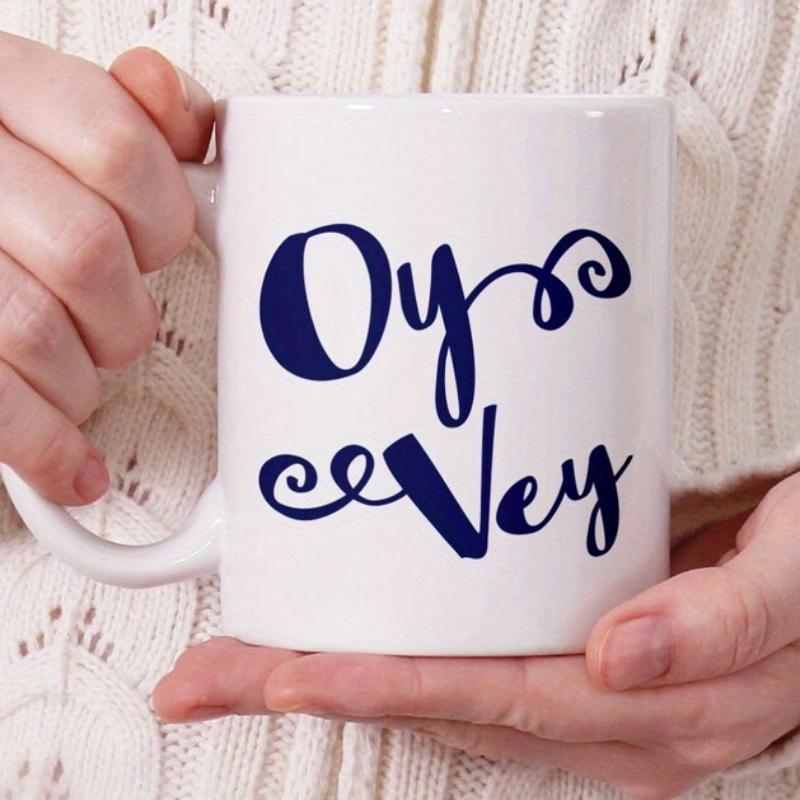 Tailorly White Ceramic 11 oz Mug - Oy Vey Elegant Calligraphy Style Featuring Deep Blue Swirls And Decorative Script Mug
