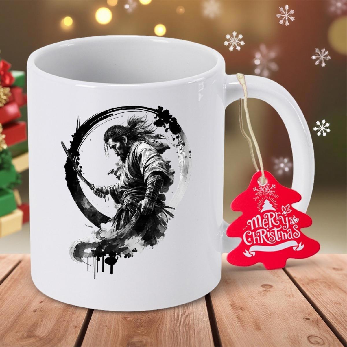 Tailorly White Ceramic 11 oz Mug - Traditional Japanese Warrior Standing Inside Ink Wash Style Circular Stroke Samurai