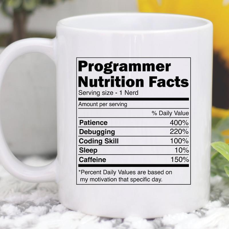 Tailorly White Ceramic 11 oz Mug - Programmer Nutrition Facts Serving Size 1 Nerd Simple Black Framed Textual Data Design Featuring Humorous Coding Traits Label
