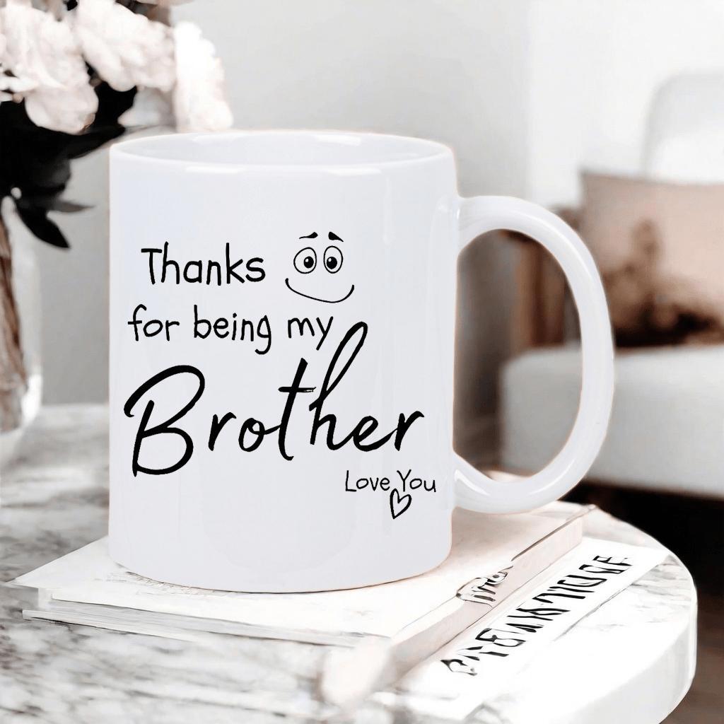 Tailorly White Ceramic 11 oz Mug - Thanks For Being My Brother Love You Minimalist Smiley Face With Playful Eyes And Curved Smile Mug