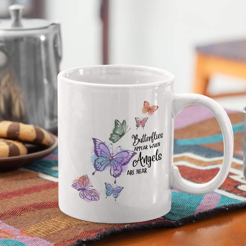 Tailorly White Ceramic 11 oz Mug - Butterflies Appear When Angels Are Near Delicate Watercolor Wings Dancing With Soft Pastel Colors And Inspirational Quote