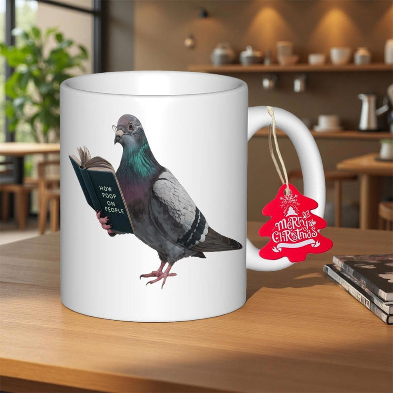 Tailorly White Ceramic 11 oz Mug - Merry Christmas Sophisticated Pigeon Wearing Small Glasses Reading A Book Under Soft Light Pigeon