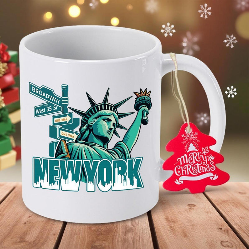 Tailorly White Ceramic 11 oz Mug - New York Iconic Landmark Holding Torch Among Famous City Street Directional Signs Statue