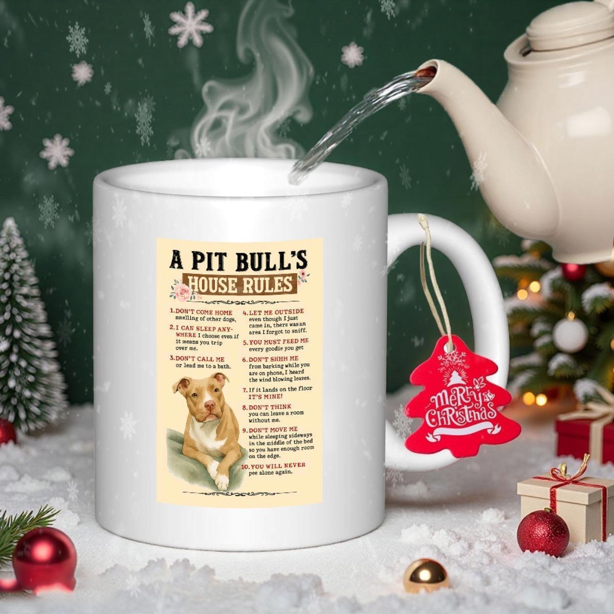 Tailorly White Ceramic 11 oz Mug - A Pit Bulls House Rules Rustic Parchment Poster Featuring A Sitting Loyal Brown And White Dog Pit Bull