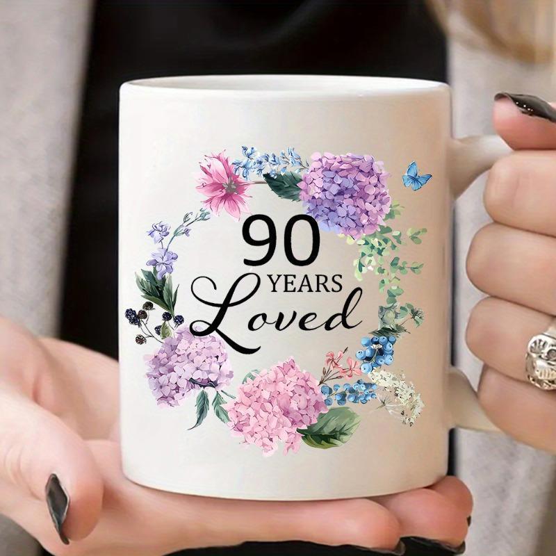 Tailorly White Ceramic 11 oz Mug - 90 Years Loved Circular Watercolor Wreath With Delicate Pink And Purple Hydrangea Petals Flower
