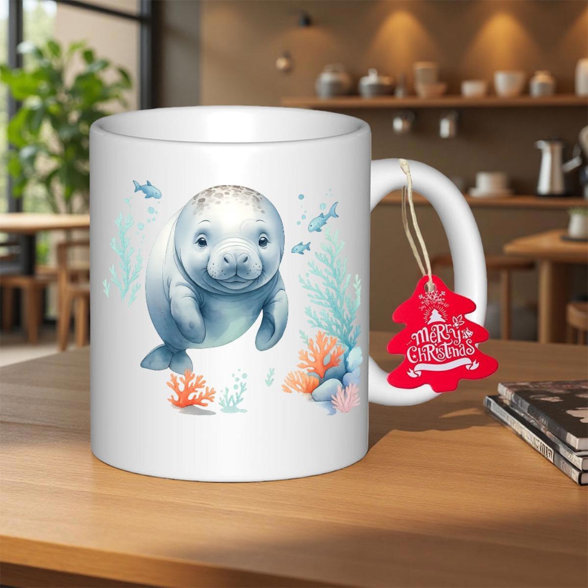 Tailorly White Ceramic 11 oz Mug - Adorable Aquatic Creature Floating Among Vibrant Ocean Coral And Small Fish Manatee