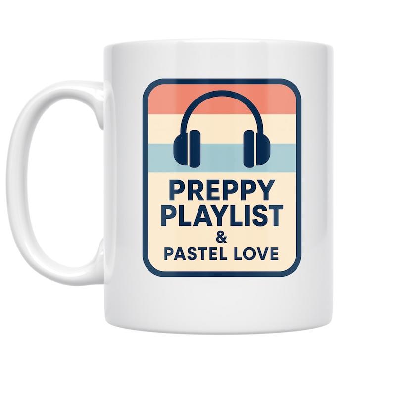 Tailorly White Ceramic 11 oz Mug - Preppy Playlist Pastel Love Minimalist Dark Blue Headset Over Colorful Vintage Horizontal Sunset Stripes Headphone